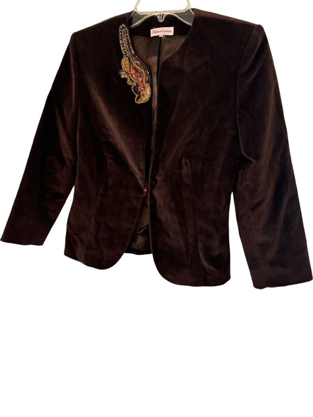 Vintage CHRISTIAN LACROIX RUM EMBELLISHED CRUSH VELVET BLAZER SZ 38 - Picture 1 of 5